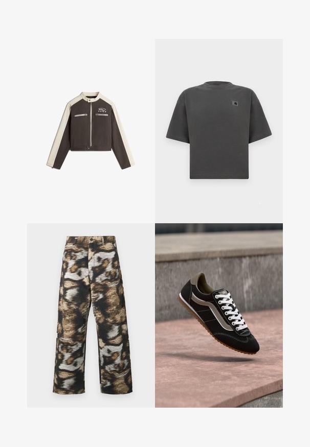 Vans RYDEN BIKER - Spijkerjas - black; Donkergrijs oversized T-shirt met korte mouwen, ronde hals en een kleine Carhartt-logopatch op de linkerborst.; Wijd uitlopende broek met een gedurfd, abstract patroon in zwart, bruin en crèmekleuren. Gemaakt van gestructureerde stof met een hoge taille.; Zwart-beige sneaker met witte veters en gumzool, zwevend boven een stenen oppervlak met een grijze betonnen achtergrond.