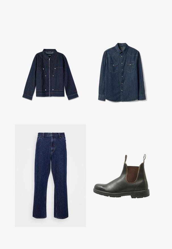 Chaqueta de mezclilla azul oscuro con cuello, cierre de cremallera, dos bolsillos frontales y botones a presión blancos. Presenta una etiqueta de marca en el interior.; Camisa de mezclilla azul oscuro de manga larga con botones de presión en la parte delantera, dos bolsillos en el pecho con solapa y cierre de presión, y cuello puntiagudo.; Jeans de mezclilla azul oscuro con un diseño de pierna recta, que cuentan con un cierre de botón, estilo de cinco bolsillos y detalles de costura sutiles.; Botín Chelsea hecho de cuero negro liso con paneles de elastano marrón en los laterales, costuras en contraste y una suela de goma texturizada.