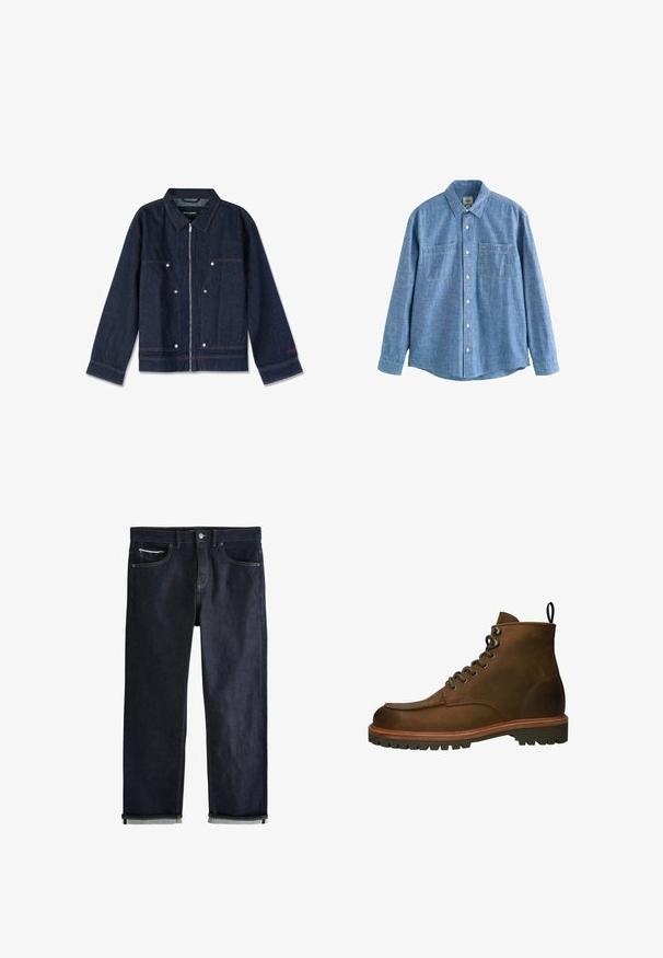 Mørkeblå denimjakke med krave, lynlås i front, to forlapper og hvide trykknapper. Har et mærke indeni.; Langærmet blå chambray-skjorte med knaplukning foran og to brystlommer, lagt fladt på en hvid baggrund.; Mørkeblå denimjeans med opsmøgede manchetter, knap- og lynlåslukning, for- og møntlommer samt kontrastsyning på hvid baggrund.; Brune læder ankelstøvler med rundt tå, metal øjer og en robust gummisål. Indeholder en trækflap for nem påtagning.