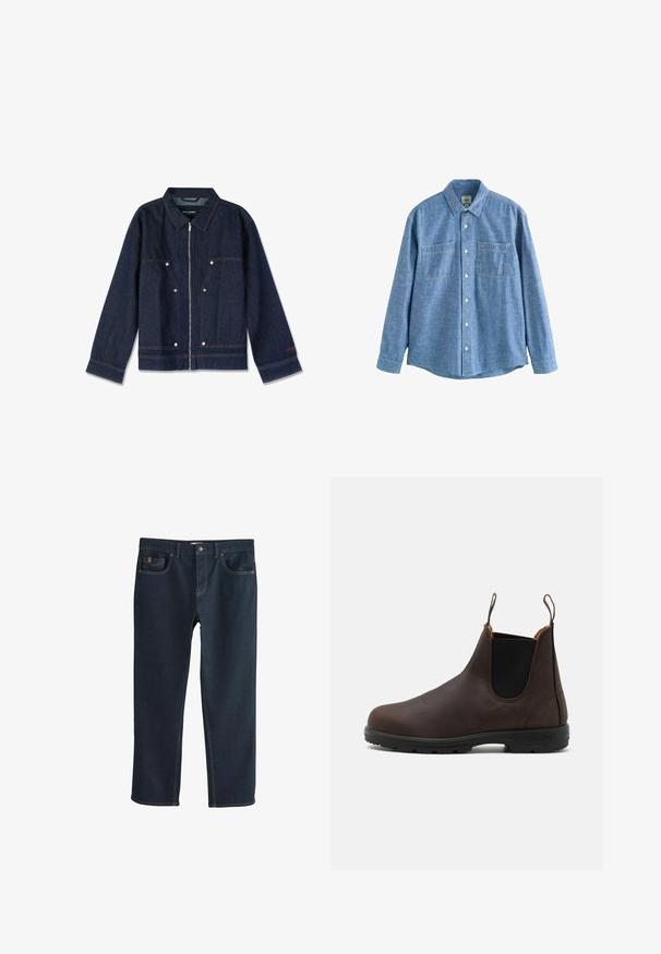 Chaqueta de mezclilla azul oscuro con cuello, cierre de cremallera, dos bolsillos frontales y botones a presión blancos. Presenta una etiqueta de marca en el interior.; Camisa azul de chambray de manga larga con botones al frente y dos bolsillos en el pecho, desplegada sobre un fondo blanco.; Pantalones vaqueros de mezclilla azul oscuro con un diseño de pierna recta, que cuentan con bolsillos delanteros y detalles sutiles de costura. Textura suave, estilo clásico.; Botín de piel marrón hasta el tobillo con paneles laterales elásticos y lengüetas en la parte superior, que presenta una superficie texturizada y una suela de goma negra duradera.