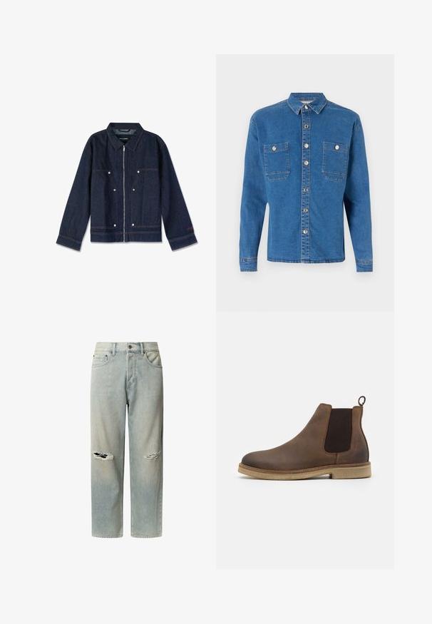 Tmavomodrá džínsová bunda s golierom, so zapínaním na zips, dvoma prednými vreckami a bielymi cvokmi. Obsahuje značkovú nálepku vo vnútri.; Denim Project DPMDPLOOSE OVERSIZED DENIM SHIRT - Košeľa - mid blue washed; Svetlo umyté džínsy s voľným strihom, s roztrhnutými miestami na kolenách a štandardnými vreckami. Klasický dizajn s piatimi vreckami.; Hnedé kožené Chelsea topánky s elastickými bočnými panelmi, zaoblenou špičkou, pútkom na zadnej strane a svetlohnedou textúrovanou podrážkou.