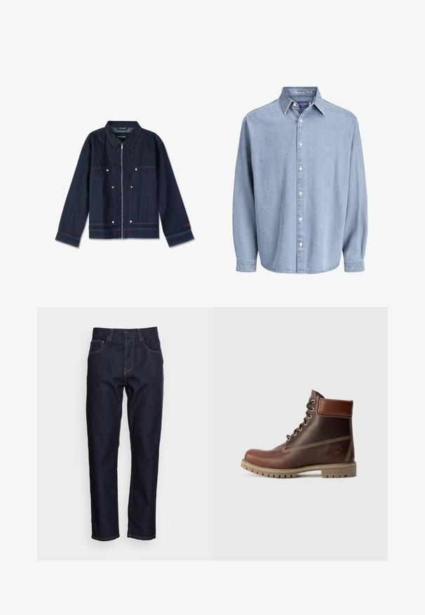 Mørkeblå denimjakke med krave, lynlås i front, to forlapper og hvide trykknapper. Har et mærke indeni.; Lysblå denim skjorte med lange ærmer og knapper, med krave og hvide knapper, præsenteret mod en helt hvid baggrund.; Mørkeblå denimjeans med lige pasform, fem lommer og kontrasterende gul syning. Designet med en klassisk knap- og lynlåslukning.; Brun læder snørebånd ankelstøvle med polstret krave, kontrastsyning og robust sål, vist fra ydersiden på en hvid baggrund.