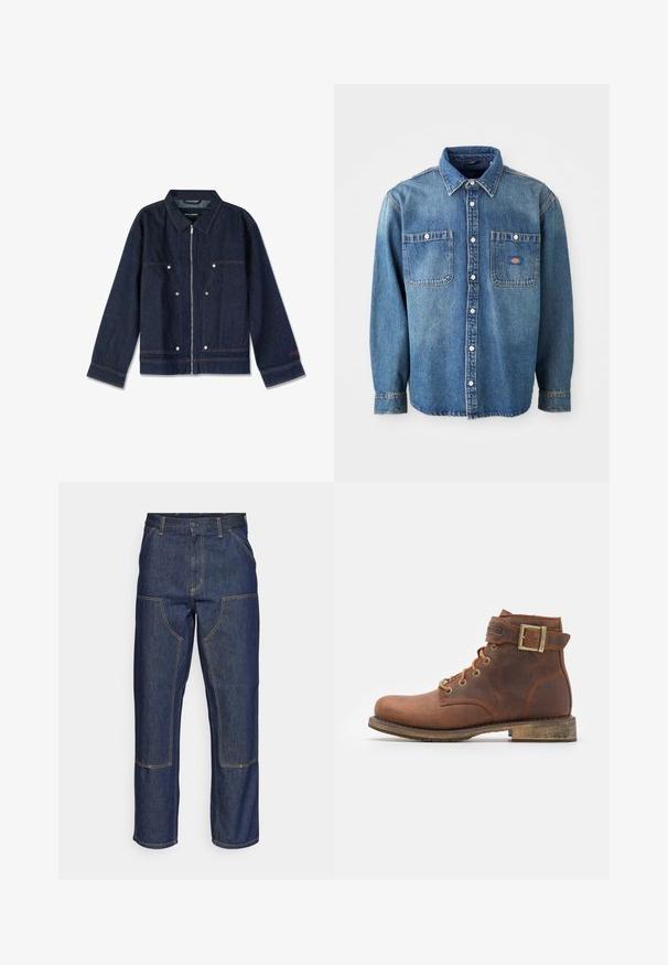 Chaqueta de mezclilla azul oscuro con cuello, cierre de cremallera, dos bolsillos frontales y botones a presión blancos. Presenta una etiqueta de marca en el interior.; Camisa de mezclilla en azul medio, con cuello de punta, dos bolsillos en el pecho y botones plateados. Mangas largas con puños abotonados.; Jeans de mezclilla azul oscuro con cintura alta, diseño de pierna recta, costuras contrastantes y bolsillos de parche en la parte delantera.; Harley Davidson VNTGMOTO SHORT RIDING APPROVED - Botines camperos - brown