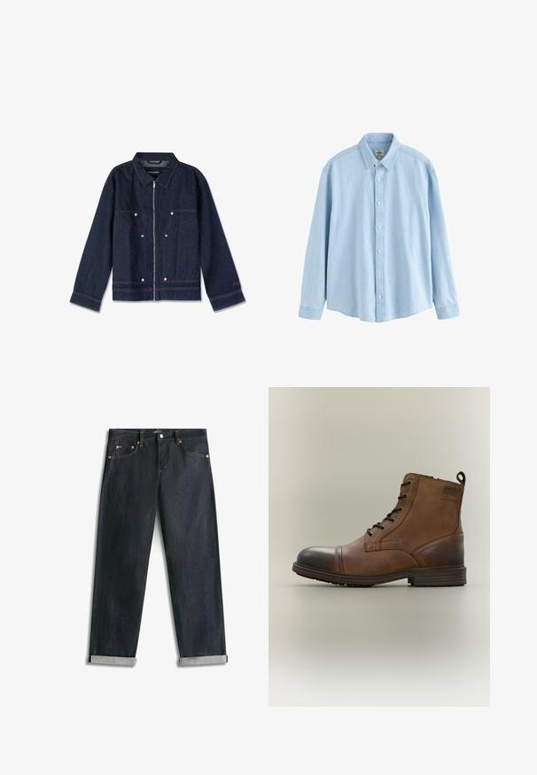 Mørkeblå denimjakke med krave, lynlås i front, to forlapper og hvide trykknapper. Har et mærke indeni.; Lyseblå denimskjorte med lange ærmer, knapper og krave, medium størrelse, vist mod en hvid baggrund.; Mørkeblå denimjeans med opsmøgede bukseben, fem lommer og kontrastsyning, lagt fladt på en hvid baggrund.; Brun læderstøvle med snørebånd, sort tåhætte, rund sål og mærket detalje på siden mod ensfarvet baggrund.