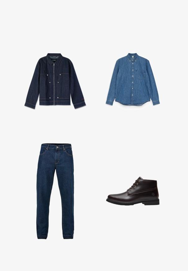 Chaqueta de mezclilla azul oscuro con cuello, cierre de cremallera, dos bolsillos frontales y botones a presión blancos. Presenta una etiqueta de marca en el interior.; Camisa de mezclilla azul de manga larga con cuello puntiagudo, botones blancos, un bolsillo en el pecho y un dobladillo recto. Textura uniforme y peso medio.; Jeans de mezclilla azul oscuro con un diseño de pierna recta, detalles de costura, cinco bolsillos y cierre de botón de metal en la pretina.; Botín de cuero marrón oscuro con cordones, suela negra y logo sutil de la marca en el lateral, mostrado de perfil sobre un fondo blanco.
