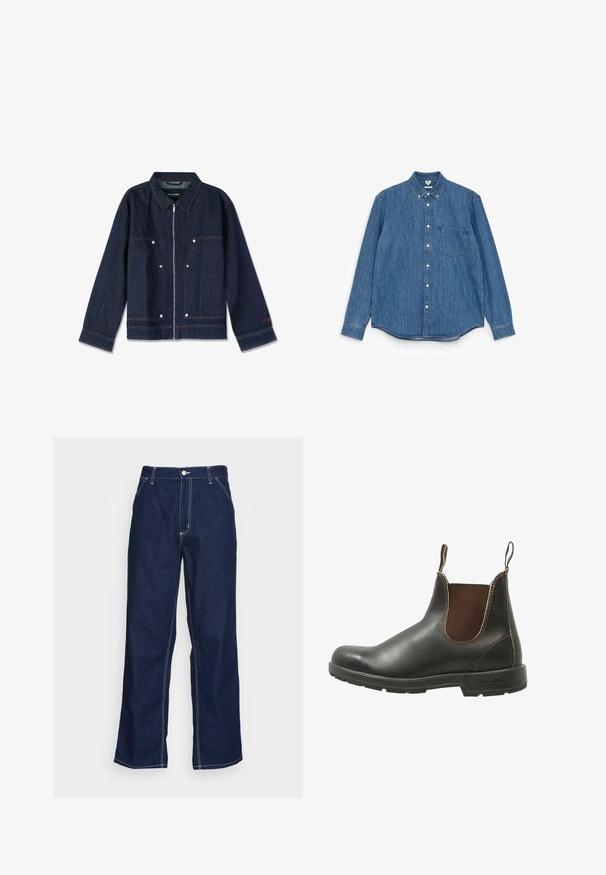 Mørkeblå denimjakke med krave, lynlås i front, to forlapper og hvide trykknapper. Har et mærke indeni.; Blå denim langærmet skjorte med spids krave, hvide knapper, én brystlomme og lige kant. Jævn tekstur og medium vægt.; Mørkeblå denim-bukser med brede ben, der har høj talje, forlommer og kontrasterende hvid syning langs sømmene.; Chelsea støvle lavet af glat sort læder med brune elastiske sidepaneler, kontrastsyet, og en struktureret gummisål.