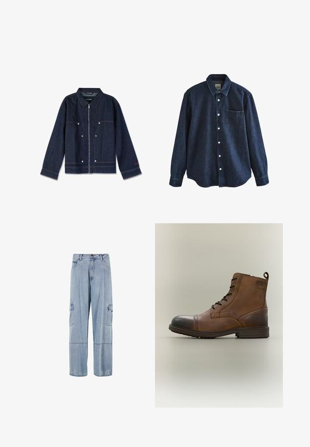 Mørkeblå denimjakke med krave, lynlås i front, to forlapper og hvide trykknapper. Har et mærke indeni.; Mørkeblå denim skjorte med lange ærmer, knapper foran, krave og en enkelt brystlomme, vist mod hvid baggrund.; Lysblå denim cargo bukser med en afslappet pasform, der har to sidelommer og en klassisk knaplukning. Syet detalje over knæene.; Brun læderstøvle med snørebånd, sort tåhætte, rund sål og mærket detalje på siden mod ensfarvet baggrund.