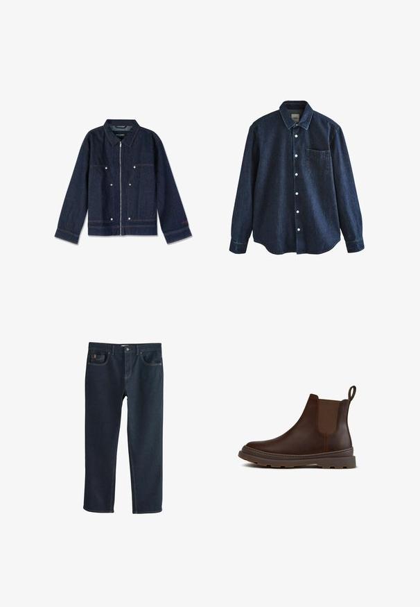 Chaqueta de mezclilla azul oscuro con cuello, cierre de cremallera, dos bolsillos frontales y botones a presión blancos. Presenta una etiqueta de marca en el interior.; Camisa de mezclilla azul oscuro de manga larga con botones, cuello y un bolsillo en el pecho, mostrada sobre fondo blanco.; Pantalones vaqueros de mezclilla azul oscuro con un diseño de pierna recta, que cuentan con bolsillos delanteros y detalles sutiles de costura. Textura suave, estilo clásico.; Bota Chelsea de cuero marrón oscuro con panel lateral elástico, lengüeta en la parte trasera y suela gruesa de goma con dibujo.