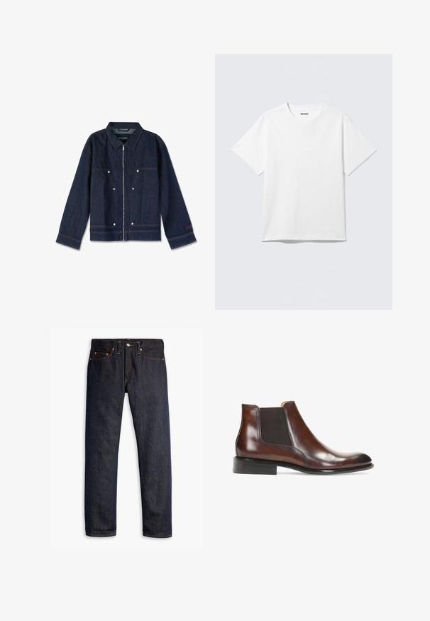 Chaqueta de mezclilla azul oscuro con cuello, cierre de cremallera, dos bolsillos frontales y botones a presión blancos. Presenta una etiqueta de marca en el interior.; Camiseta blanca de manga corta con cuello redondo, colocada plana, diseño liso, con etiqueta "WEEKDAY" en el interior del cuello sobre un fondo claro.; Vaqueros de denim azul oscuro con corte recto, diseño de cinco bolsillos, remaches de cobre, costuras amarillas y una tela texturizada distintiva.; Botín de cuero marrón hasta el tobillo con paneles laterales elásticos, un acabado suave, detalles de costura y un tacón rectangular bajo.