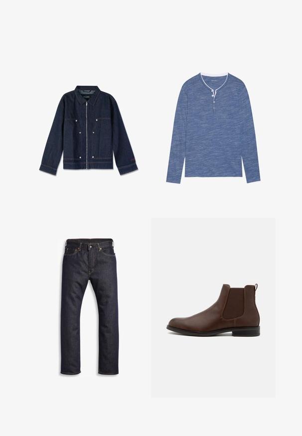 Mørkeblå denimjakke med krave, lynlås i front, to forlapper og hvide trykknapper. Har et mærke indeni.; Langærmet henley-shirt i blå meleret stof med en hvid krave og knaplukning med tre knapper, som har en afslappet pasform og blød tekstur.; Mørkeblå denimjeans med lige snit, fem-lomme design, metalbeslag og kontrasterende orange syninger. Glat tekstur, ingen synlige mønstre.; Pier One Støvletter - brown