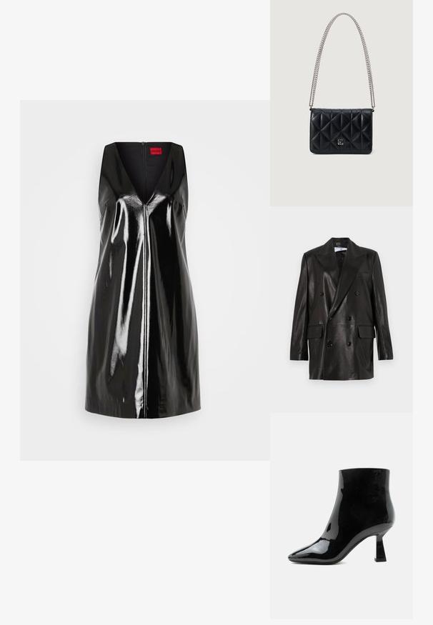 Blazer en cuir noir à double boutonnage avec larges revers, poches avant et accents en bouton. Texture lisse avec une silhouette cintrée.; Robe noire sans manches avec un décolleté en V et une finition brillante et réfléchissante; elle comprend une fermeture éclair centrale et un design minimaliste.; Bottine noire en cuir verni brillant avec bout pointu et talon mi-haut évasé sur fond blanc.; Sac en cuir matelassé noir avec une bandoulière en chaîne argentée et un accent de logo carré à l'avant. Forme rectangulaire avec une finition texturée.
