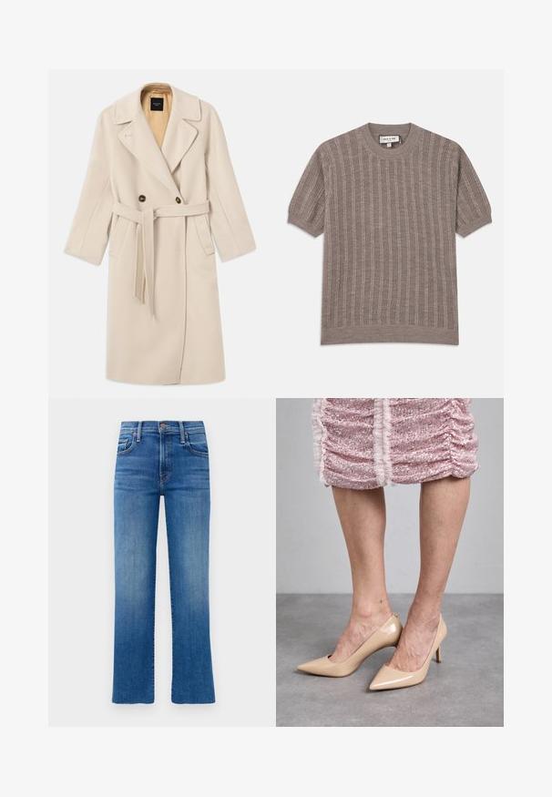 Beige uldblanding dobbeltradet frakke med store klapper, to knapper, forlommer og et matchende bælte. Foret i en lysere nuance.; Brun ribbet kortærmet sweater med rund hals. Lavet af tekstureret strikstof, som har lodrette stribemønstre og tætsiddende kanter.; Blå denim jeans med lige ben, høj talje og subtil falming. Har klassisk fem-lomme stil og guldfarvet hardware detaljer.; Beige patenteret læderhæle med spids tå og slank hæl. Glat tekstur med et strømlinet design. Båret med en pink glitrende kjole.