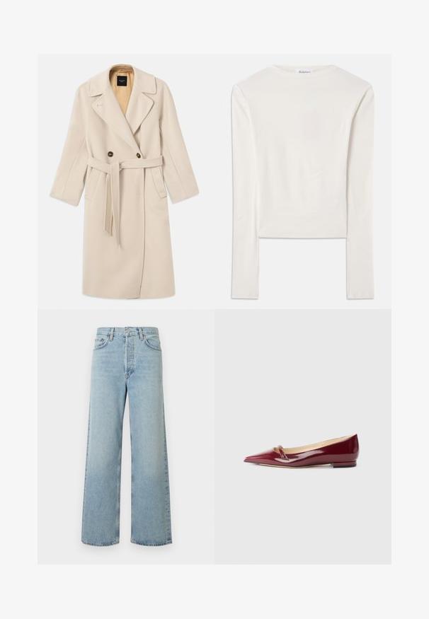 Beige uldblanding dobbeltradet frakke med store klapper, to knapper, forlommer og et matchende bælte. Foret i en lysere nuance.; Hvid langærmet top lavet af bomuld, med en simpel rund hals og en slim fit. Stof er glat med en let stræk.; Lyseblå vide bukser i denimstof med høj talje. Har fem lommer, knaplukning og subtilt falmet tekstur.; Bordeaux patenteret læderballerinaer med spids tå, der har en lille udskæring og en lav hæl. Glat tekstur og elegant design.