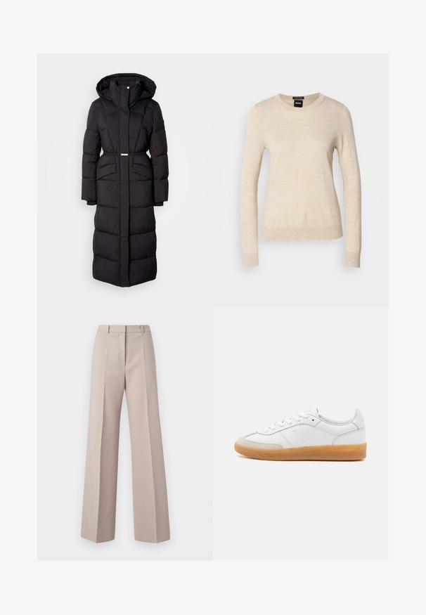 Long manteau d'hiver noir rembourré avec capuche, poches avant, taille ceinturée et fermeture éclair sur le devant, présenté sur un fond blanc.; BOSS FERPINA - Pullover - light beige; Pantalons beige à jambes larges en tissu lisse, avec une taille haute, des plis avant et une silhouette ajustée.; Baskets en cuir blanc avec des accents en suédine beige, semelle en caoutchouc gomme et design à lacets. Présente un logo discret en doré.