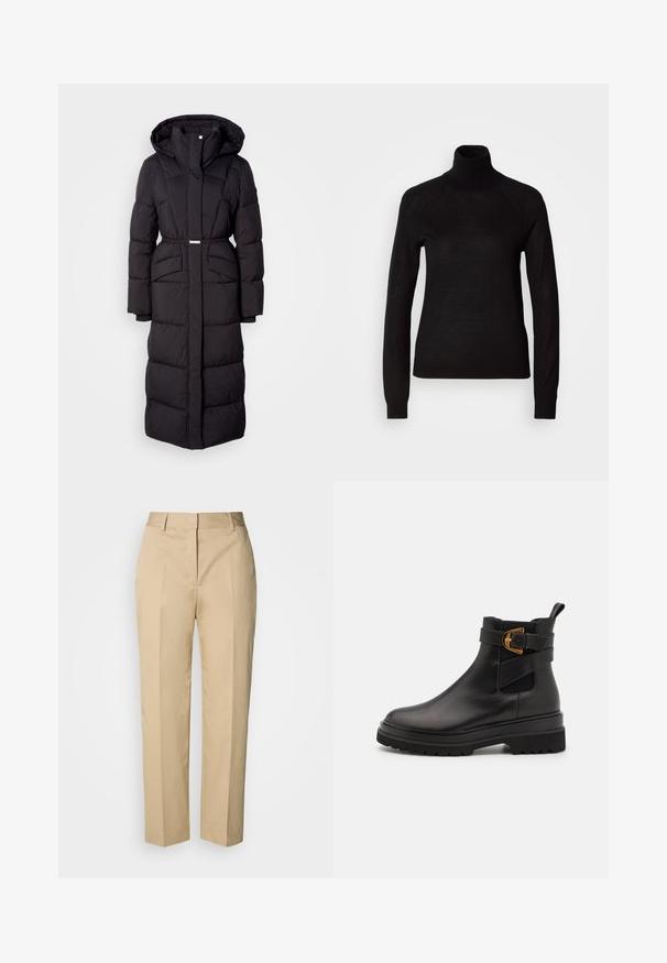 Langer schwarzer gepolsterter Wintermantel mit Kapuze, Fronttaschen, taillierter Passform und einem Reißverschluss auf der Vorderseite, vor einem weißen Hintergrund präsentiert.; Schwarzer Rollkragenpullover aus leichtem Strickmaterial. Mit langen Ärmeln und einer figurbetonten Silhouette mit Raglanärmeln.; Beige Straight-Leg-Hose mit Gürtelschlaufen, Vorderfalz und verdecktem Verschluss, präsentiert vor hellem Hintergrund.; Coccinelle DORIAN - Plateaustiefelette - noir