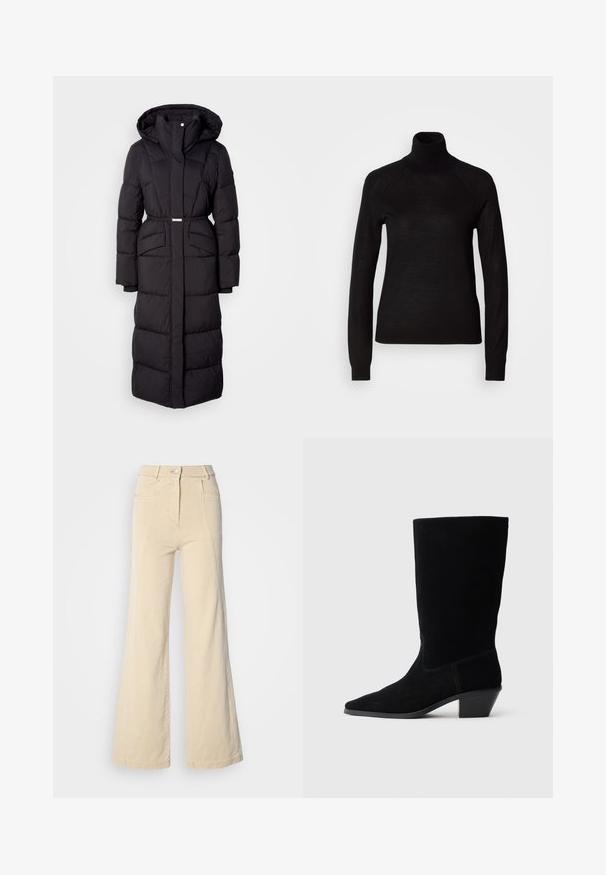 Lang sort polstret vinterjakke med hætte, forlommer, taljebælte og lynlåsfortil, præsenteret på en hvid baggrund.; Sort turtleneck sweater lavet af et let strikket stof. Har lange ærmer og en tætsiddende silhuet med raglan-sømme.; Beige vidde jeans med høj talje, forlommer og kontrasterende syninger, udstyret med en knaplukning og en glat bomuldsstruktur.; Sort ruskind ankelstøvle med spidse tæer, mellemhøj skaft og en chunky hæl. Fuldender et minimalistisk design med lidt syninger og en glat tekstur.