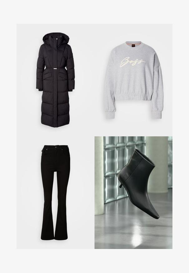 Langer schwarzer gepolsterter Wintermantel mit Kapuze, Fronttaschen, taillierter Passform und einem Reißverschluss auf der Vorderseite, vor einem weißen Hintergrund präsentiert.; Grauer, verkürzter Pullover aus weichem Material, mit einem weißen, gestickten "Boss"-Logo auf der Vorderseite und elastischen Bündchen an den Ärmeln und am Saum.; Schwarze, aus Denim gefertigte Schlagjeans mit hoher Taille, vorderen Taschen und einem klassischen Fünf-Taschen-Design mit Metallakzenten.; Schwarzer Leder-Stiefelette mit spitzer Zehenpartie und niedrigem Kitten-Heel, schräg dargestellt vor einem polierten Boden und einer Glasbausteinwand.