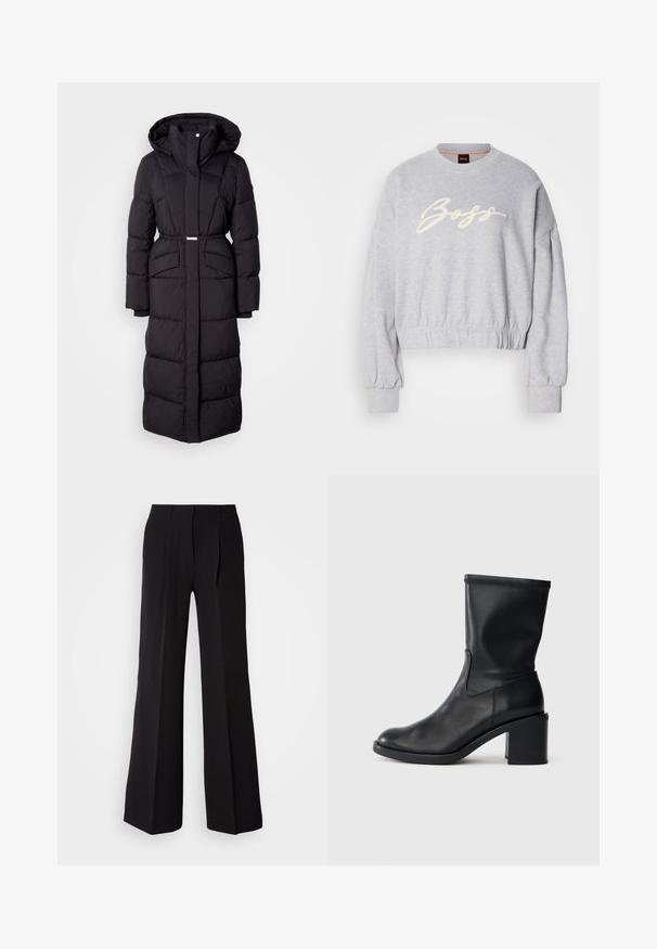 Langer schwarzer gepolsterter Wintermantel mit Kapuze, Fronttaschen, taillierter Passform und einem Reißverschluss auf der Vorderseite, vor einem weißen Hintergrund präsentiert.; Grauer, verkürzter Pullover aus weichem Material, mit einem weißen, gestickten "Boss"-Logo auf der Vorderseite und elastischen Bündchen an den Ärmeln und am Saum.; Schwarze Hose aus glattem Stoff, mit hohem Bund, weitem Schnitt und zwei vorderen Falten für zusätzlichen Designakzent.; Schwarze Leder-Ankle Boots mit runder Zehenform, glatter Oberfläche und dicker Absatz, ausgestattet mit einem eng anliegenden Schaft und subtilen Nähten.