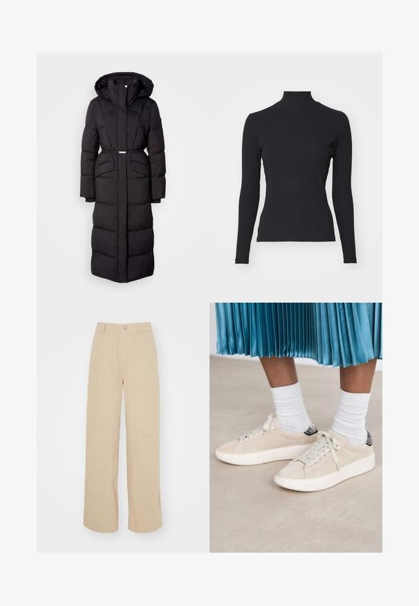 Lange zwarte gewatteerde winterjas met capuchon, voorzakken, een ceintuurlijn en een ritssluiting aan de voorkant, gepresenteerd op een witte achtergrond.; Zwarte geribde coltrui met lange mouwen. Gemaakt van rekbare stof met een getailleerde pasvorm en hoge kraag. Eenvoudig ontwerp zonder versieringen.; Beige flared broek gemaakt van katoen. Heeft twee grote voorkruiden en een metalen knoopsluiting bij de tailleband. Gladde textuur.; Beige suède sneakers met een witte rubberen zool en een vetersluiting. Geaccentueerd met een gestructureerde zwarte achtertab. Draag met witte geribbelde sokken.