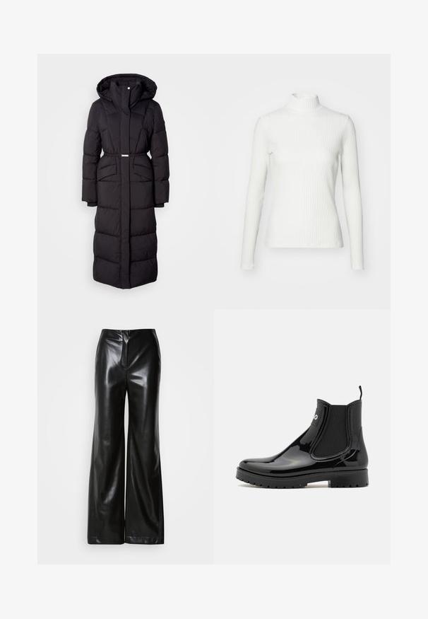 Langer schwarzer gepolsterter Wintermantel mit Kapuze, Fronttaschen, taillierter Passform und einem Reißverschluss auf der Vorderseite, vor einem weißen Hintergrund präsentiert.; Weißes geripptes Turtleneck-Oberteil mit langen Ärmeln, aus elastischem Stoff. Verfügt über ein enganliegendes Design und einen hohen Kragen für zusätzlichen Schutz.; Schwarze Lederweite-Hosen mit glatter Textur, hohem Bund und verdecktem Reißverschluss an der Vorderseite. Maßgeschneiderte Passform mit sauberem Finish.; HUGO TABITA - Gummistiefel - black