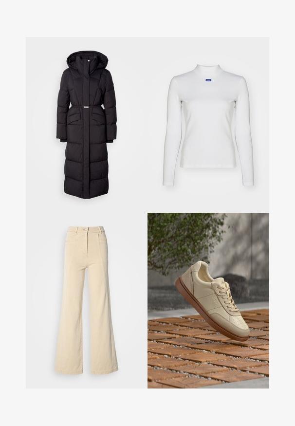 Lang sort polstret vinterjakke med hætte, forlommer, taljebælte og lynlåsfortil, præsenteret på en hvid baggrund.; Hvid langærmet turtleneck-top lavet af strækstof, med en tætsiddende design og et lille blåt logo på brystet.; Beige vidde jeans med høj talje, forlommer og kontrasterende syninger, udstyret med en knaplukning og en glat bomuldsstruktur.; Beige lædersneaker med brun sål, der svæver over en flisebelagt udendørs overflade med spredte små sten og grønne blade i baggrunden.