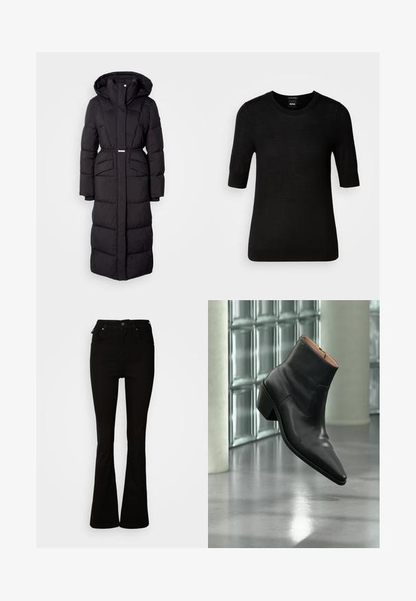 Langer schwarzer gepolsterter Wintermantel mit Kapuze, Fronttaschen, taillierter Passform und einem Reißverschluss auf der Vorderseite, vor einem weißen Hintergrund präsentiert.; Schwarzer Kurzarmpullover aus feiner Merinowolle. Rundhalsausschnitt, slim fit, glatte Textur, minimalistisches Design, keine sichtbaren Muster oder Akzente.; Schwarze, aus Denim gefertigte Schlagjeans mit hoher Taille, vorderen Taschen und einem klassischen Fünf-Taschen-Design mit Metallakzenten.; Schwarzer Leder-Stiefelette mit spitzer Schuhspitze und Blockabsatz, der über einem reflektierenden grauen Boden nahe einer Glassteinwand schwebt.
