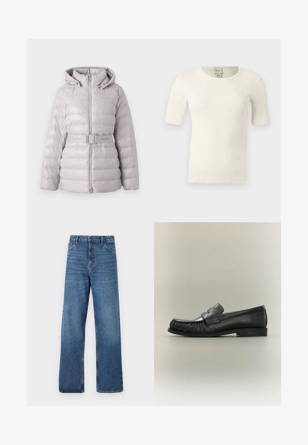 Lichtgrijze, gewatteerde jas met een capuchon, een ceintuur in de taille en een ritssluiting aan de voorkant. Bevat horizontale stiksels en een Calvin Klein-logo op de borst.; Off-white, korte mouw, geribbelde gebreide top met ronde hals en Calvin Klein-label aan de binnenkant van de achterkraag.; Blauwe denim jeans met hoge taille en wijd uitlopende pijpen, met een gladde textuur, minimale stikdetails en een klassieke vijfzakkenstijl.; Zwarte leren penny loafer met geplooid teen-detail en lage gestapelde hak, zijaanzicht tegen een neutrale achtergrond.