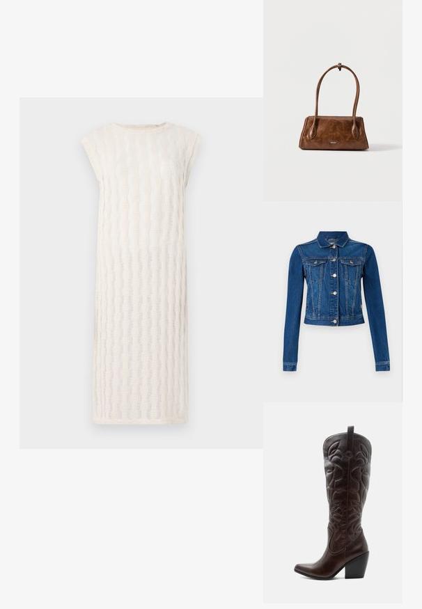 Jeansjakke i mellemblå farve med et cropped design, der har sølv farvede trykknapper, to brystlommer og lange ærmer med kontrast-syninger.; ONLY ONLAVERY O-NECK DRESS - Hverdagskjole - egret; Høj mørkebrun læder cowboystøvle med syede dekorative mønstre, spids tå og stablet blokhæle.; Brun læderhåndtaske med lange håndtag, rektangulær form og lille sølvfarvet DKNY-logo centreret foran.