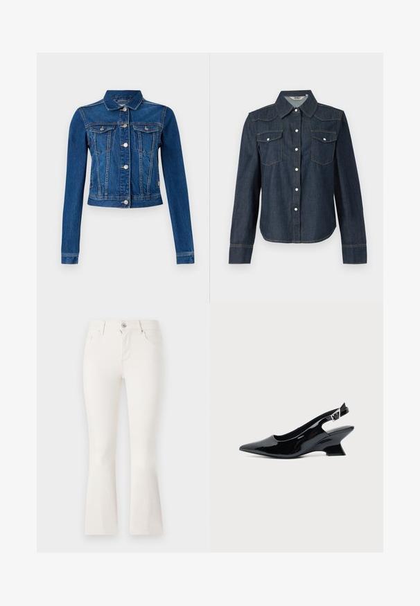 Jeansjacke in mittlerem Blau mit einer cropped Design, ausgestattet mit silbernen Druckknöpfen, zwei Brusttaschen und langen Ärmeln mit kontrastierender Naht.; Dunkelblaue Jeanshemd mit langen Ärmeln, spitzem Kragen, zwei Brusttaschen und weißer Knopfleiste. Kontrastnähte an den Nähten.; Weiße, weit geschnittene Jeans aus Denim mit einem taillierten Bund, fünf Taschen und einem Reißverschluss vorne. Glatte Textur und ein schlichter Design.; Schwarzer Slingback-Schuh aus Lackleder mit spitzer Spitze und niedrigem, schrägem Blockabsatz auf einfachem hellem Hintergrund.