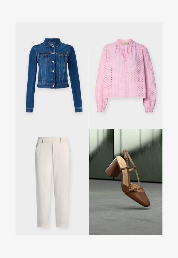 Jeansjakke i mellemblå farve med et cropped design, der har sølv farvede trykknapper, to brystlommer og lange ærmer med kontrast-syninger.; Lyserød, langærmet bluse med hulmønster, bølget kant, knaplukning ved V-hals og elastiske, rynkede manchetter fra mærket Mos Mosh.; Beige bukser med lige ben, bæltestropper, sidelommer og lynlås foran på ensfarvet baggrund.; Brun læder sko med hæl, spids tå, justerbar ankelrem og guldfarvet firkantet spænde. Glat tekstur og kraftig hæl.