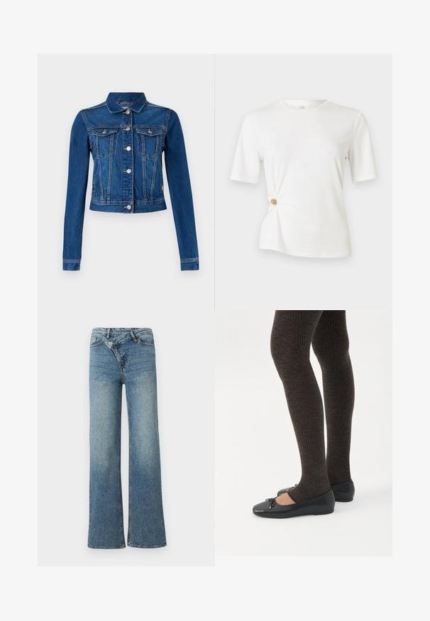 Chaqueta de denim en azul medio con un diseño cropped, que cuenta con botones a presión plateados, dos bolsillos en el pecho y mangas largas con costuras en contraste.; Camiseta blanca de tela suave, con mangas cortas y un diseño retorcido en la cintura con un detalle circular dorado.; Vaqueros de mezclilla azul claro de pierna ancha con cintura alta, decoloración ligera y cierre de botón en la parte delantera. Cuenta con cinco bolsillos y costuras mínimas.; Piernas con leggings oscuros acanalados combinados con bailarinas negras que presentan pequeños detalles de lazo sobre un fondo blanco.