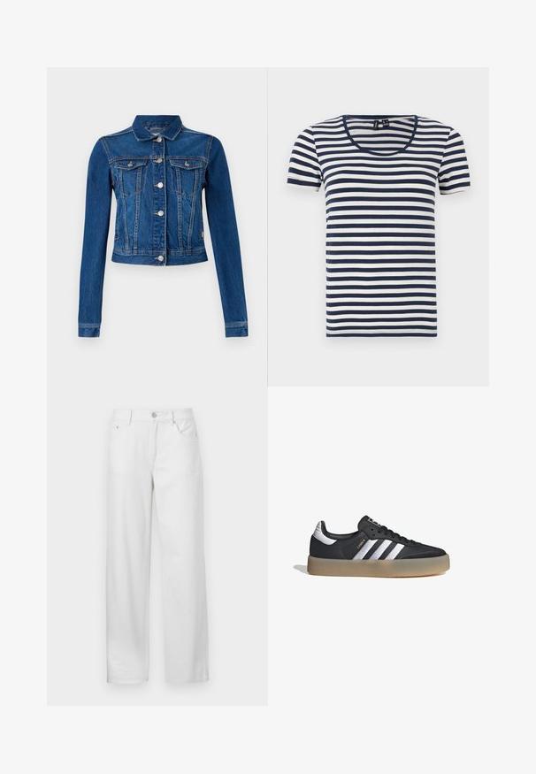 Chaqueta de denim en azul medio con un diseño cropped, que cuenta con botones a presión plateados, dos bolsillos en el pecho y mangas largas con costuras en contraste.; Camiseta de rayas con mangas cortas, con rayas horizontales en azul marino y blanco, cuello redondo y fabricada en un suave tejido de algodón.; Pantalones de mezclilla blanca con un corte holgado, que cuentan con un cierre de botón y cremallera, trabillas para cinturón y un diseño tradicional de cinco bolsillos.; Zapatilla deportiva de cuero negro con tres rayas plateadas, punta texturizada y suela de goma. Cuenta con un collar acolchado y un diseño con cordones.