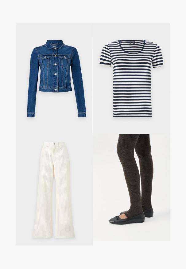 Chaqueta de denim en azul medio con un diseño cropped, que cuenta con botones a presión plateados, dos bolsillos en el pecho y mangas largas con costuras en contraste.; Camiseta de rayas con mangas cortas, con rayas horizontales en azul marino y blanco, cuello redondo y fabricada en un suave tejido de algodón.; Good American GOOD EASE - Pernera ancha - cloud white; Piernas con leggings oscuros acanalados combinados con bailarinas negras que presentan pequeños detalles de lazo sobre un fondo blanco.