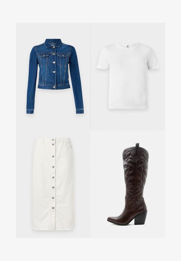 Jeansjas in middelblauw met een cropped ontwerp, voorzien van zilveren drukknoopjes, twee borstzakken en lange mouwen met contrasterende stiksels.; Witte t-shirt met korte mouwen en een geribde textuur. Klassieke ronde hals, geen zichtbare logo's of patronen, en een eenvoudig, strak ontwerp.; Witte denim midi-rok met knoopsluiting aan de voorkant, twee zijzakken en geborduurde accenten op de tailleband. Beschikt over een onafgewerkte zoom.; Lange donkerbruine leren cowboylaars met gestikte decoratieve patronen, spitse neus en gestapelde blokhak.