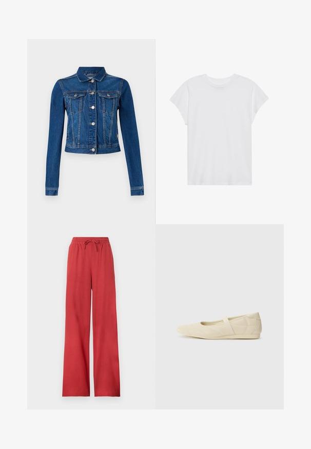 Jeansjakke i mellemblå farve med et cropped design, der har sølv farvede trykknapper, to brystlommer og lange ærmer med kontrast-syninger.; Hvid kortærmet t-shirt med rund hals, afslappet pasform, lavet af blødt bomuldsstof. Glat tekstur, ingen mønstre eller logoer.; Røde vidde bukser med elastisk talje og snøre, lavet af blødt stof.; Lysebrune ballet flats med en glat læderoverflade, mandelformet tå og elastisk rem over vristen, med diskrete syninger.