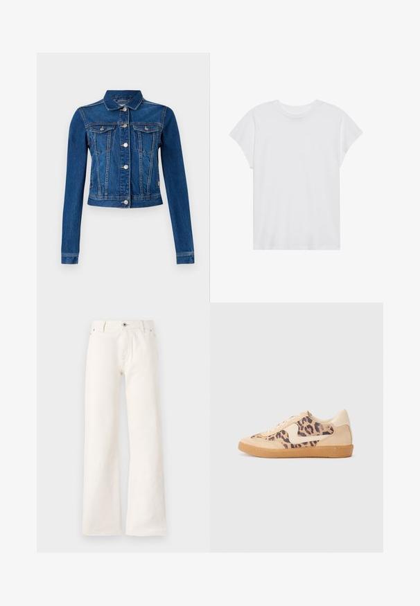 Jeansjas in middelblauw met een cropped ontwerp, voorzien van zilveren drukknoopjes, twee borstzakken en lange mouwen met contrasterende stiksels.; Witte t-shirt met korte mouwen, ronde hals, relaxte pasvorm, gemaakt van zacht katoen. Glad textuur, geen patronen of logo's.; Witte wijde spijkerbroek van denim, met een sluiting met vooraan een knoop, vijf zakken en een gladde textuur zonder zichtbare patronen.; Luipaardprint sneakers met een beige suède bovenkant, tan rubberen zool en witte accenten. Ronde neus en vetersluiting met een gestructureerde afwerking.