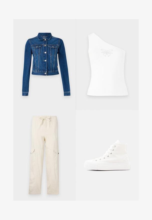 Jeansjakke i mellemblå farve med et cropped design, der har sølv farvede trykknapper, to brystlommer og lange ærmer med kontrast-syninger.; One-shoulder hvid top lavet af glat stof, med et sommerfuglemønster pyntet med små rhinsten foran.; Beige cargo bukser med snøre i taljen, udstyret med to sidelommer og syede detaljer. Fremstillet af letvægts bomuldsstof.; Højtop hvid lærredssneaker med hvide snørebånd, sølvfarvede nitter og en tyk gummisål på en lys grå baggrund.