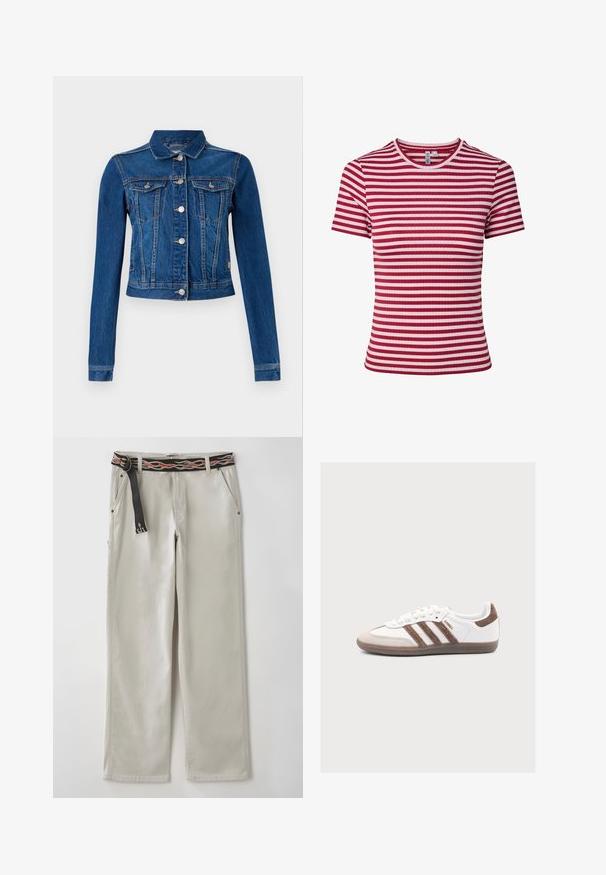 Chaqueta de denim en azul medio con un diseño cropped, que cuenta con botones a presión plateados, dos bolsillos en el pecho y mangas largas con costuras en contraste.; Camiseta de punto acanalado de manga corta con rayas horizontales rojas y rosas y cuello redondo.; Pantalones de pierna ancha en gris claro con un cinturón negro que presenta patrones de llamas naranjas. Confeccionados en algodón, tienen bolsillos laterales y una silueta relajada.; Zapatilla blanca Adidas Samba con franjas de ante marrón, puntera de ante marrón y suela de goma sobre un fondo gris claro.