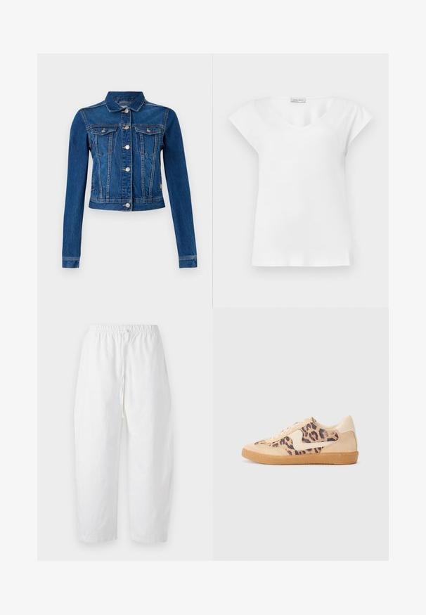 Jeansjacke in mittlerem Blau mit einer cropped Design, ausgestattet mit silbernen Druckknöpfen, zwei Brusttaschen und langen Ärmeln mit kontrastierender Naht.; Weiße Bluse mit kurzen Ärmeln, rundem Ausschnitt und kleinem Markenetikett nahe dem Kragen.; Abercrombie & Fitch PULL ON BARREL - Stoffhose - white; Löwenmuster-Sneaker mit beige Wildleder-Obermaterial, tanfarbener Gummisohle und weißen Akzenten. Runde Zehenform und Schnürdesign mit strukturiertem Finish.