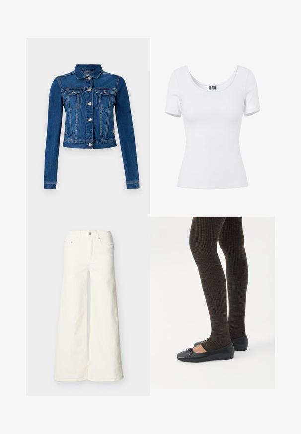 Denim takki kesksinises toonis, lühendatud disainiga, hõbedaste nööpidega, kahe rindkoti ja pikkaeiste kontrastsete õmblustega.; Valkoinen, ribbineulottu, lyhythihainen, istuva pusero, jossa on pyöreä pääntie ja näkyvä brändilogo kauluksen sisäpuolella.; Leveälahkeiset valkoiset farkut, joissa on viisi taskua ja napillinen sulku, esitettynä tasaisesti vaalealla taustalla.; Jalat, joissa tummat ribbineuleiset leggingsit yhdistettynä mustiin balettitossuihin, joissa on pienet rusettikoristeet valkoisella taustalla.