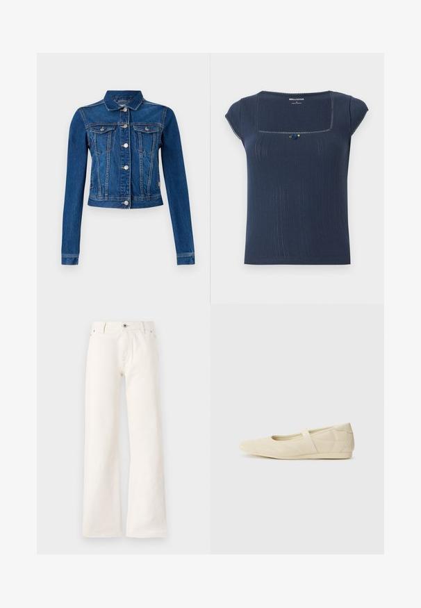 Chaqueta de denim en azul medio con un diseño cropped, que cuenta con botones a presión plateados, dos bolsillos en el pecho y mangas largas con costuras en contraste.; Top de color azul marino de canalé con escote cuadrado, mangas cortas y un acento decorativo en azul y verde cerca del escote.; Jeans blancos de pierna ancha fabricados en denim, con cierre frontal de botón, cinco bolsillos y una textura suave sin patrones visibles.; Bailarinas beige con un exterior de cuero liso, punta en forma de almendra y una correa elástica en el empeine, con detalles de costura sutiles.