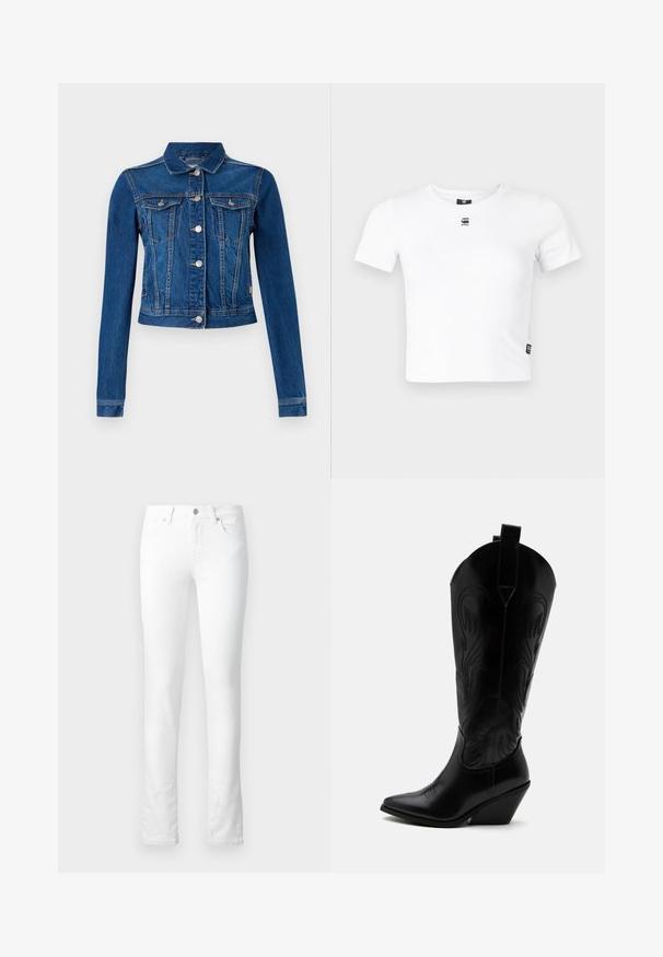 Jeansjacke in mittlerem Blau mit einer cropped Design, ausgestattet mit silbernen Druckknöpfen, zwei Brusttaschen und langen Ärmeln mit kontrastierender Naht.; Weißes Kurzarm-T-Shirt aus weicher Baumwolle, mit rundem Halsausschnitt und kleinem schwarzem Logo auf der Brust. Mit seitlichem Etikett.; Weiße Denim-Jeans mit slim-fit, fünf Taschen, Reißverschluss und dezenten Nahtdetails. Glatte Textur; keine sichtbaren Muster.; Schwarzer Leder-Cowboystiefel mit spitzer Zehe, schrägem Blockabsatz, dekorativer Naht und Zuglaschen oben vor weißem Hintergrund.