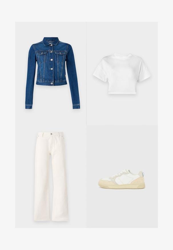 Jeansjakke i mellemblå farve med et cropped design, der har sølv farvede trykknapper, to brystlommer og lange ærmer med kontrast-syninger.; Hvid cropped t-shirt lavet af bomuld. Korte ærmer, rund halsudskæring, glat tekstur, afslappet design uden mønstre eller pynt.; Hvide vide jeans lavet af denim, med en frontknaplukning, fem lommer og en glat overflade uden synlige mønstre.; Hvid og beige sneaker med en overdel i ruskind og tekstil, med kontrastsyninger, en gummisål og en lyseblå detalje på hælen.