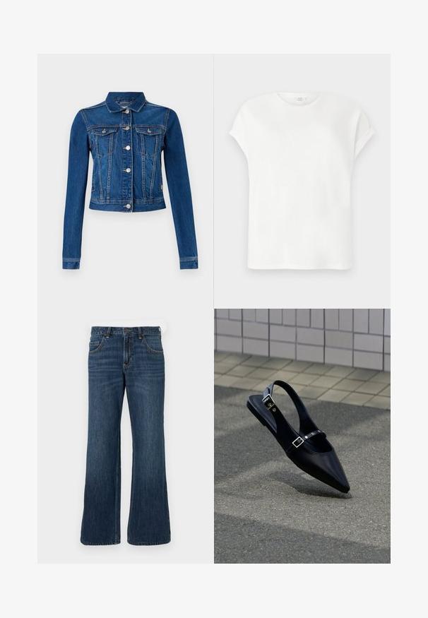 Chaqueta de denim en azul medio con un diseño cropped, que cuenta con botones a presión plateados, dos bolsillos en el pecho y mangas largas con costuras en contraste.; Camiseta blanca de manga corta con las mangas remangadas y cuello redondo, mostrada extendida sobre un fondo gris claro.; Vaqueros de pierna ancha en azul oscuro con diseño clásico de cinco bolsillos, cierre de botón y sutil desgaste. Fabricados con tejido denim.; Zapato plano negro de punta puntiaguda con tiras de doble hebilla y talón descubierto, descansando sobre asfalto gris cerca de una pared con azulejos.