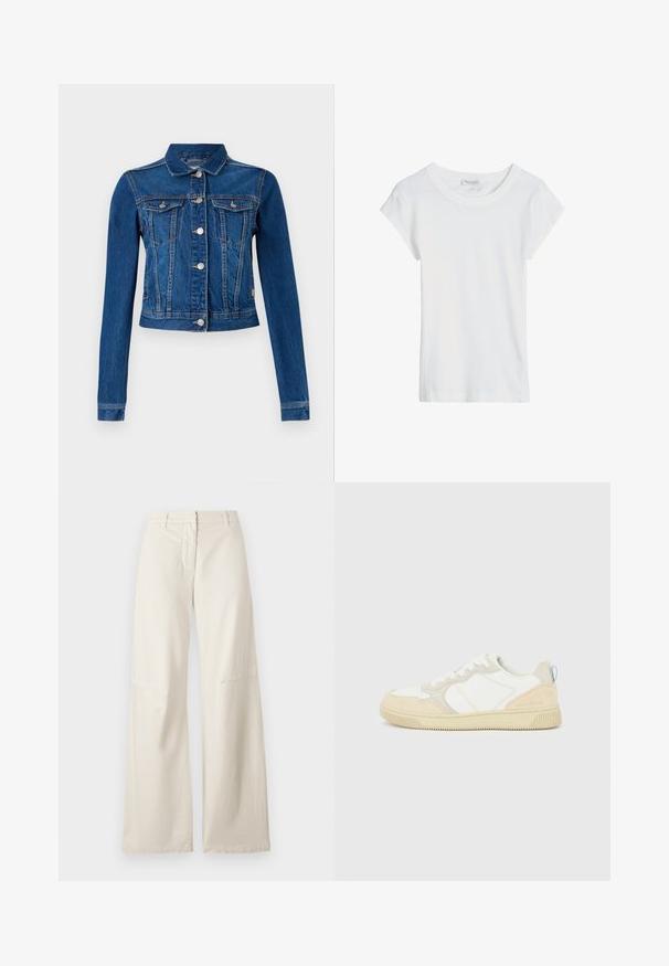 Jeansjacke in mittlerem Blau mit einer cropped Design, ausgestattet mit silbernen Druckknöpfen, zwei Brusttaschen und langen Ärmeln mit kontrastierender Naht.; Schlichtes weißes T-Shirt mit kurzen Ärmeln und rundem Halsausschnitt, flach liegend auf weißem Hintergrund dargestellt.; Weite Hose aus cremefarbenem Baumwollstoff. Merkmale sind eine hohe Taille, ein strukturiertes Design und minimale Nahtdetails. Flatter Vorderseite mit Taschen.; Weißer und beiger Sneaker mit Obermaterial aus Wildleder und Textil, kontrastierenden Nähten, einer Gummisohle und einem hellblauen Akzent an der Ferse.