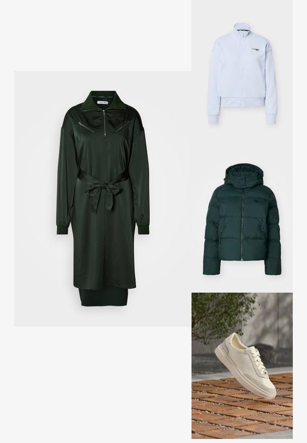 Groene pufferjack met een hoge kraag, ritssluiting aan de voorkant en zijzakken. Heeft een subtiele merklong op de borst en een capuchon.; Lichtblauw jack met ritssluiting, een hoge kraag en lange mouwen, met een klein groen Lacoste-logo op de linkerborst.; Donkergroene jurk met rits, gemaakt van een gladde, glanzende stof. Heeft een kraag, lange mouwen en een tailleceintuur. Voorzien van zakken met rits.; Witte BOSS sneaker met veters die zweeft boven een houten en kiezelachtige ondergrond met patroon, groene struik en grijze muur op de achtergrond.
