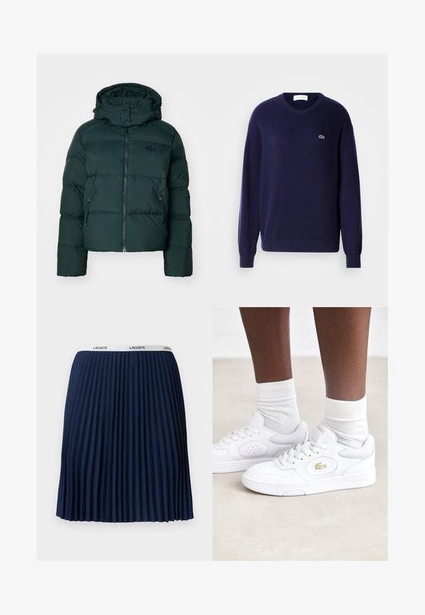 Grøn pufferjakke med høj krave, lynlås foran og sidelommer. Har et diskret mærke logo på brystet og en hætte.; Mørkeblå crewneck sweater i blødt strikstof, med lange ærmer og et lille grønt krokodillelogo på brystet.; Marineblå plisseret nederdel med en struktureret design, elastisk talje med "LACOSTE" mærkning og glat stof.; Hvide lædersneakers fra Lacoste med perforerede sidepaneler, guld logoaccent og struktureret hvid gummisål. Sammen med hvide sokker.