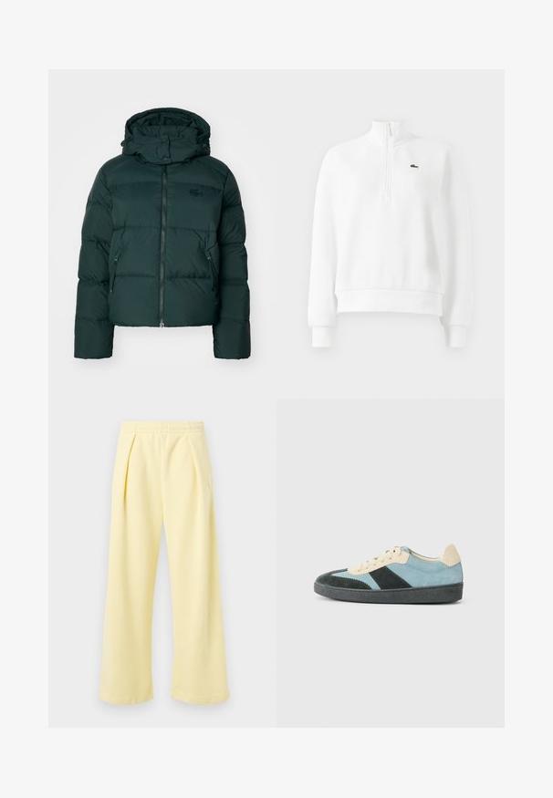 Groene pufferjack met een hoge kraag, ritssluiting aan de voorkant en zijzakken. Heeft een subtiele merklong op de borst en een capuchon.; Witte langemouwen sweatshirt met kwart rits, ribgebreide manchetten en zoom, met een klein groen geborduurd krokodillogo op de borst.; Gele, wijde broek met een geribbelde textuur en een elastische tailleband. Heeft voorplooien en een klein geborduurd ontwerp aan de zijkant.; Laag model sneaker in lichtblauw, donkergroen en beige zacht leer met een zwarte zool en beige veters, getoond vanuit de zijkant.