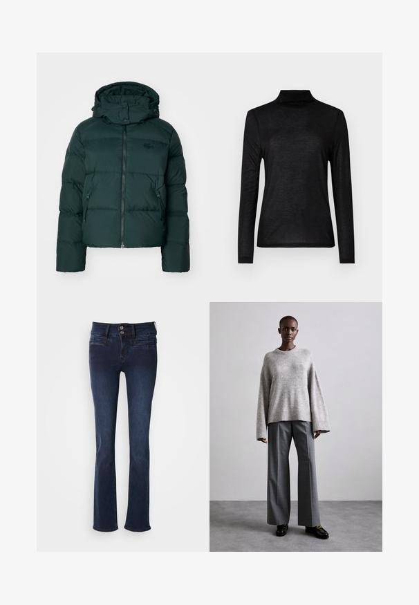 Groene pufferjack met een hoge kraag, ritssluiting aan de voorkant en zijzakken. Heeft een subtiele merklong op de borst en een capuchon.; Zwarte lange mouwen turtleneck gemaakt van een gladde, lichte stof. Kenmerkt zich door een getailleerd ontwerp met een hoge hals en zonder patronen.; Donkerblauwe denim jeans met een uitlopende pijp, voorzien van een knoopsluiting en voorzakken. Gelijkmatige textuur met minimale stikseldetails.; Grijze gebreide trui met brede mouwen en geribbelde onderrand, gecombineerd met hoge grijze broeken met een subtiel ruitenpatroon en zwarte loafers.
