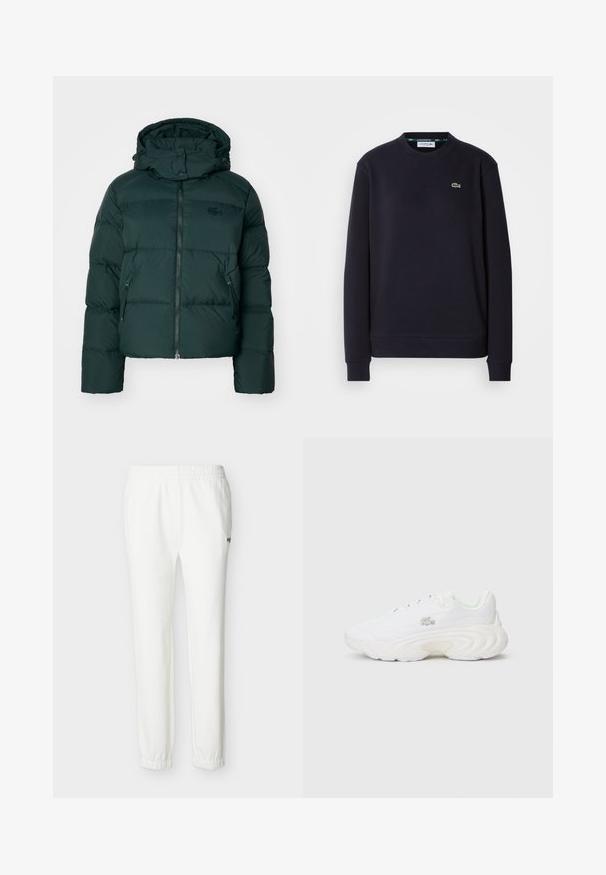 Doudoune verte avec un col montant, fermeture éclair à l'avant et poches latérales. Présente un logo de marque discret sur la poitrine et une capuche.; Sweatshirt noir à manches longues Lacoste, col rond, avec logo crocodile vert brodé sur la poitrine gauche, sur fond blanc.; Pantalon de jogging blanc décontracté avec taille et chevilles élastiques, doté d'un petit logo brodé sur la cuisse supérieure.; Baskets blanches avec une tige texturée, un design de semelle prononcé, un système de laçage et un petit détail de logo. Construction lisse et légère.